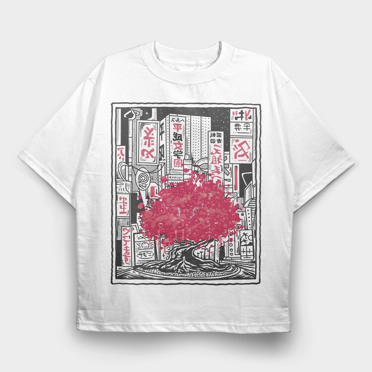 Sakura Tree City Pink Japan, Tricou Oversize Barbati (Unisex)