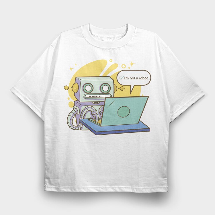 Robot Working On Computer, Tricou Oversize Barbati (Unisex)