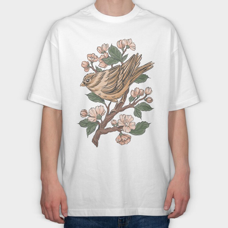 Sparrow Cherry Blossom, Tricou Oversize Barbati (Unisex)
