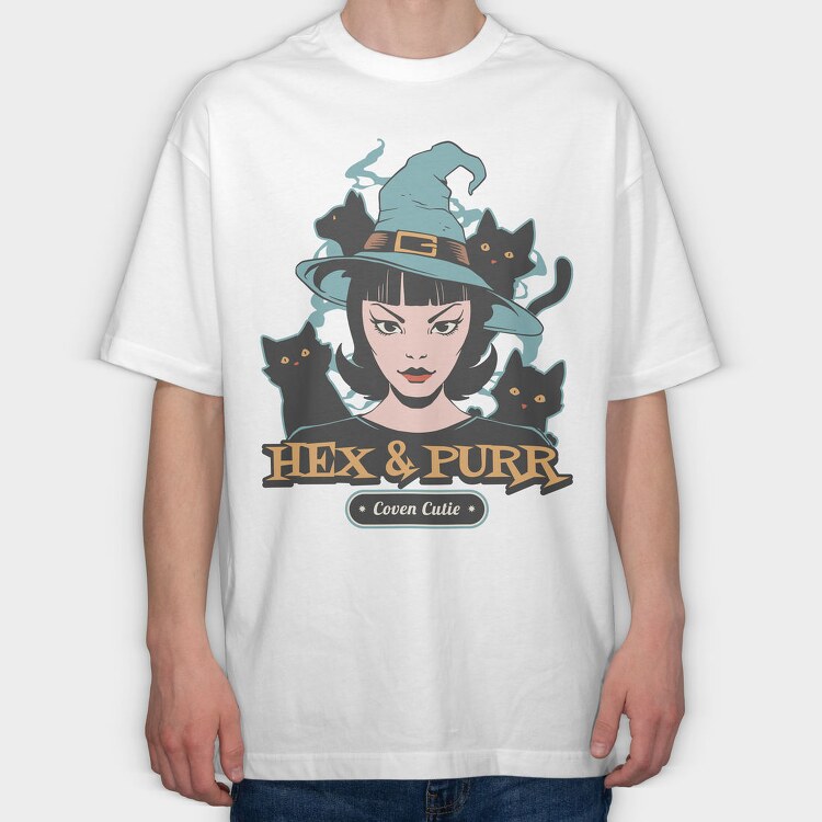 Spooky Witch And Cats Coven Halloween, Tricou Oversize Barbati (Unisex)