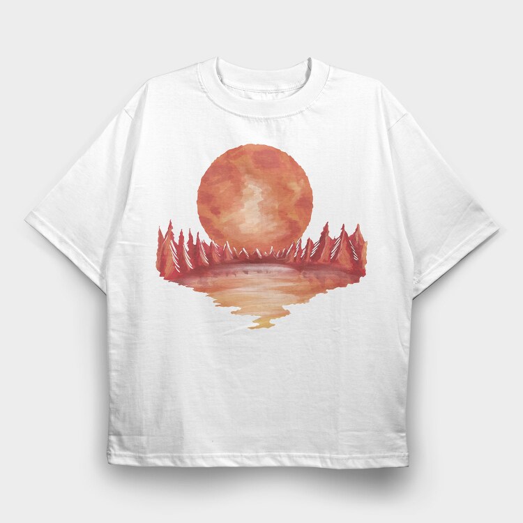 Red Landscape Full Moon Lake, Tricou Oversize Barbati (Unisex)