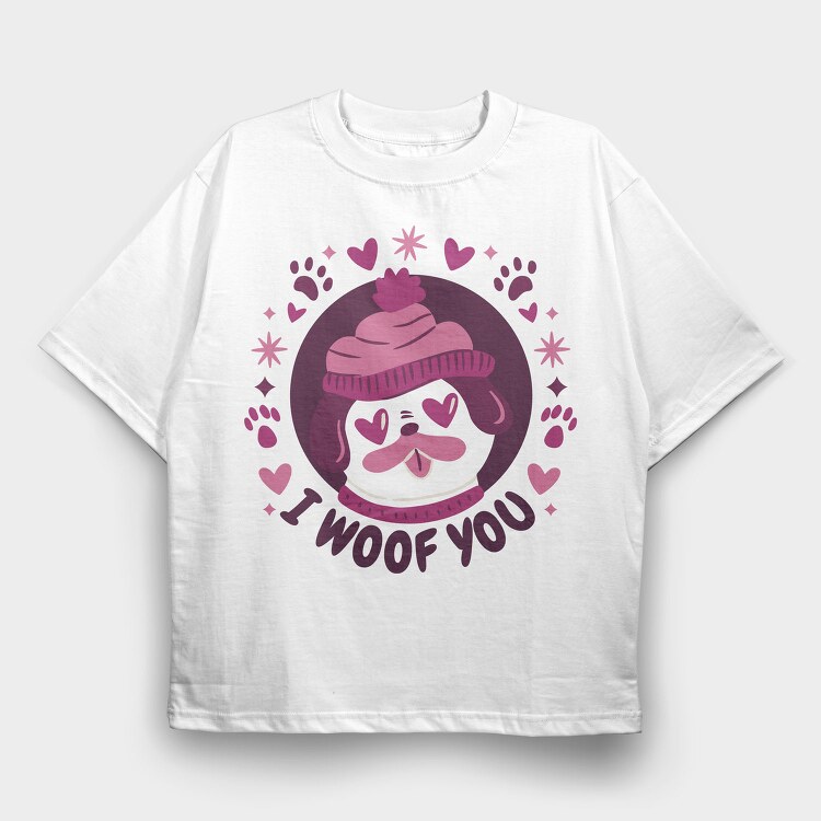 Pug Dog In Love Woof You, Tricou Oversize Barbati (Unisex)