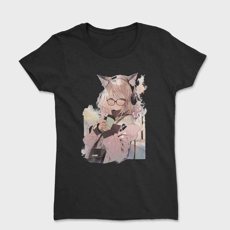 Pretty Anime Girl With Headphones, Tricou Femei