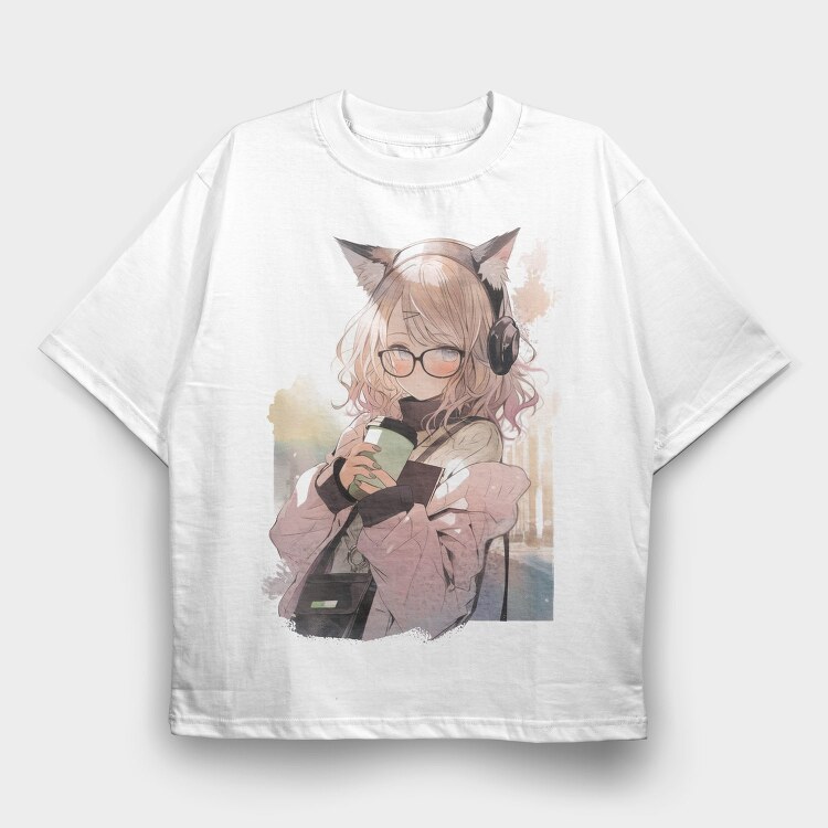 Pretty Anime Girl With Headphones, Tricou Oversize Barbati (Unisex)