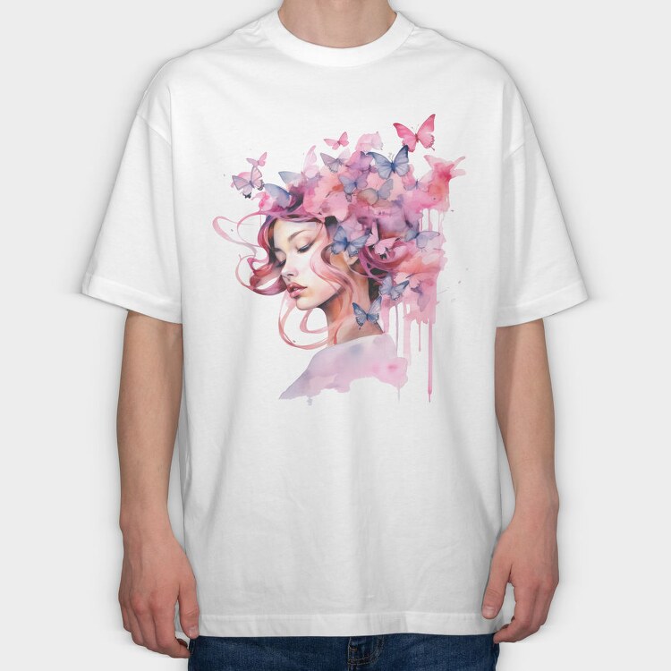 Woman With Butterflies, Tricou Oversize Barbati (Unisex)