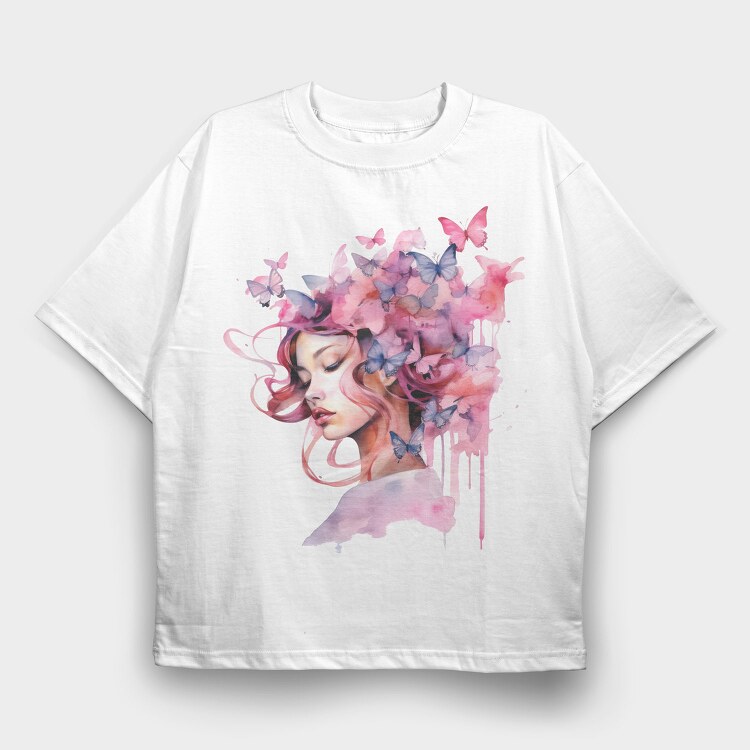 Woman With Butterflies, Tricou Oversize Barbati (Unisex)