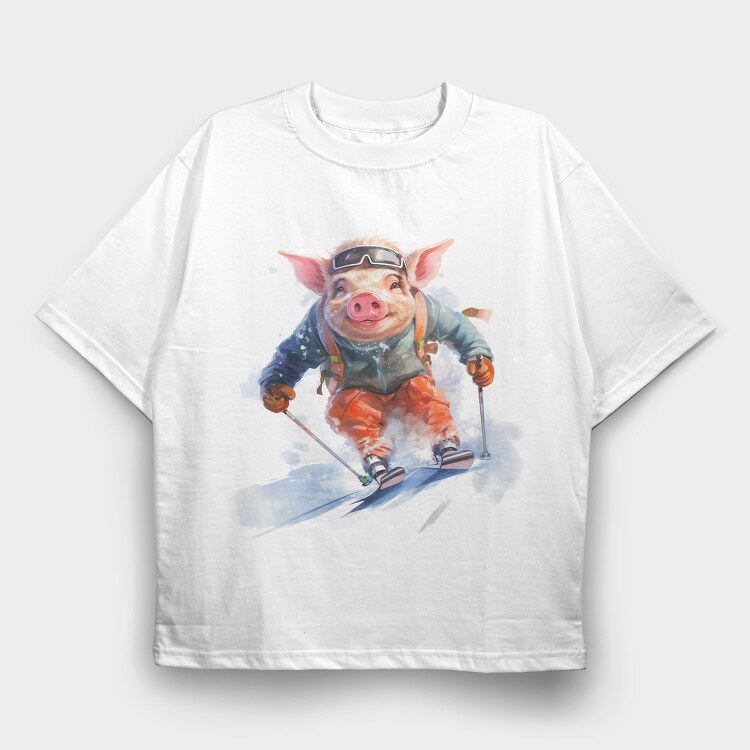 Watercolor Skiing Pig Ski Piggy, Tricou Oversize Barbati (Unisex)