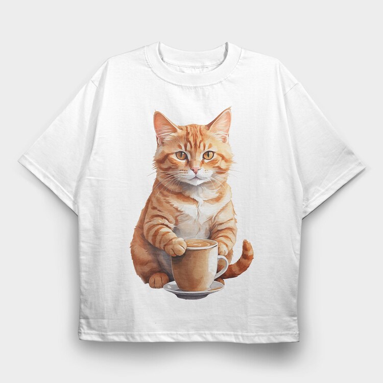 Watercolor Cat And Coffee, Tricou Oversize Barbati (Unisex)