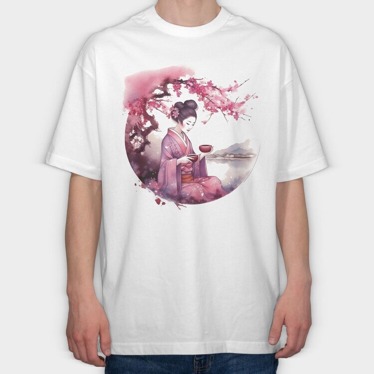 Geisha With Sakura Tea, Tricou Oversize Barbati (Unisex)