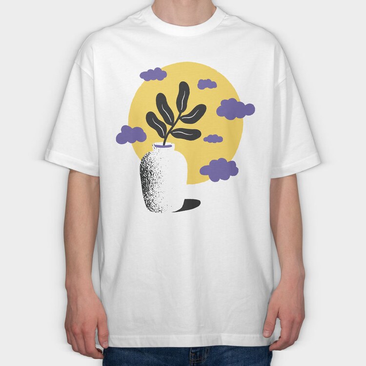 Vase With Plant Nature Flat Clouds, Tricou Oversize Barbati (Unisex)