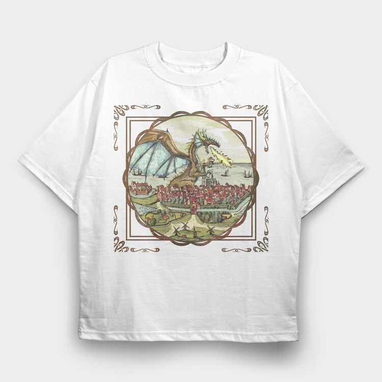 Vintage Painting Dragon Tote, Tricou Oversize Barbati (Unisex)