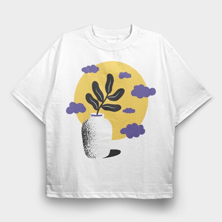 Vase With Plant Nature Flat Clouds, Tricou Oversize Barbati (Unisex)
