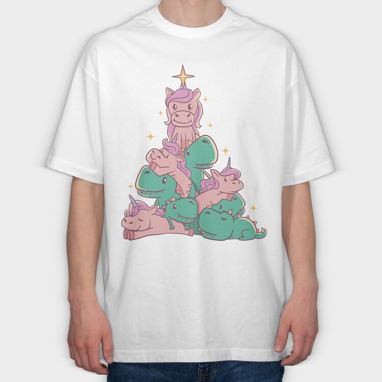 Unicorns And T Rex Christmas Tree, Tricou Oversize Barbati (Unisex)