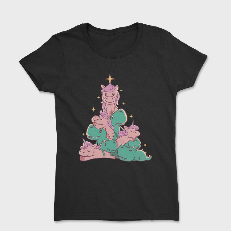 Unicorns And T Rex Christmas Tree, Tricou Femei