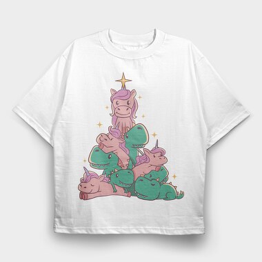 Unicorns And T Rex Christmas Tree, Tricou Oversize Barbati (Unisex)