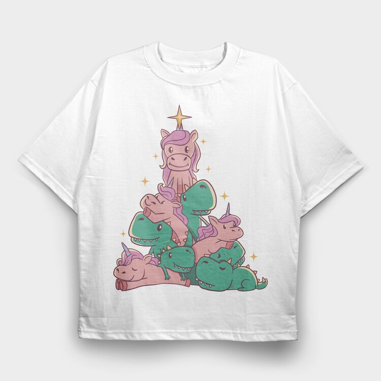 Unicorns And T Rex Christmas Tree, Tricou Oversize Barbati (Unisex)
