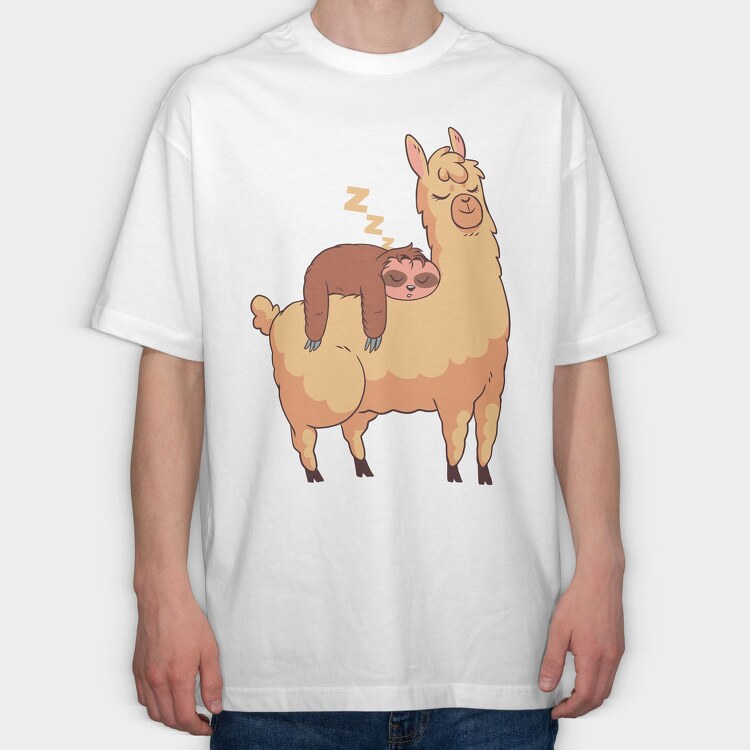 Sloth Riding Llama Sleeping, Tricou Oversize Barbati (Unisex)