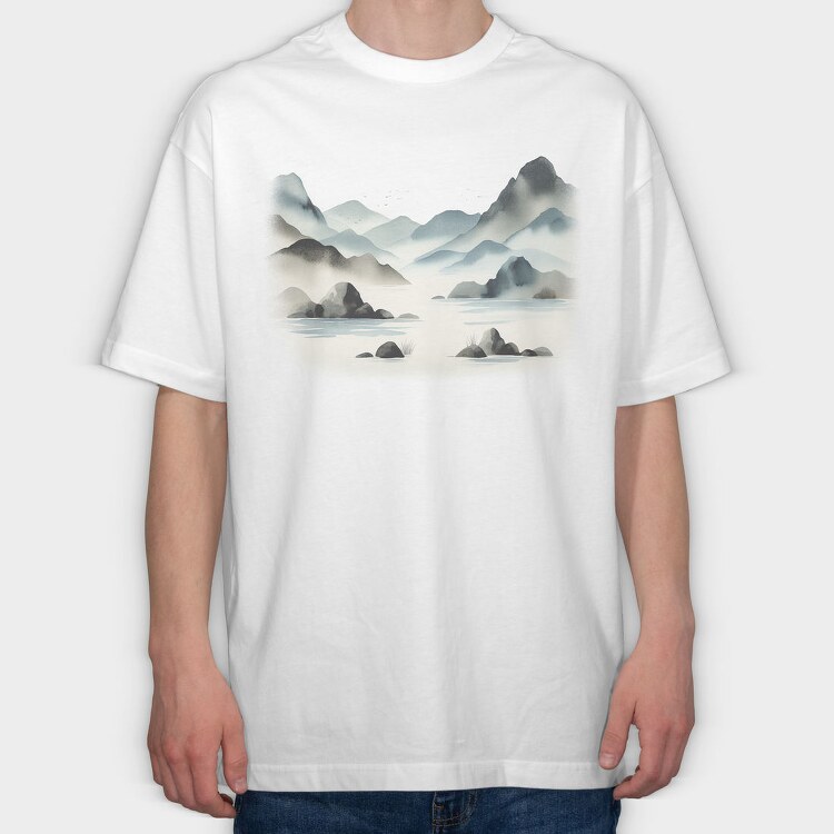Mountain Lake Watercolor Skyland, Tricou Oversize Barbati (Unisex)