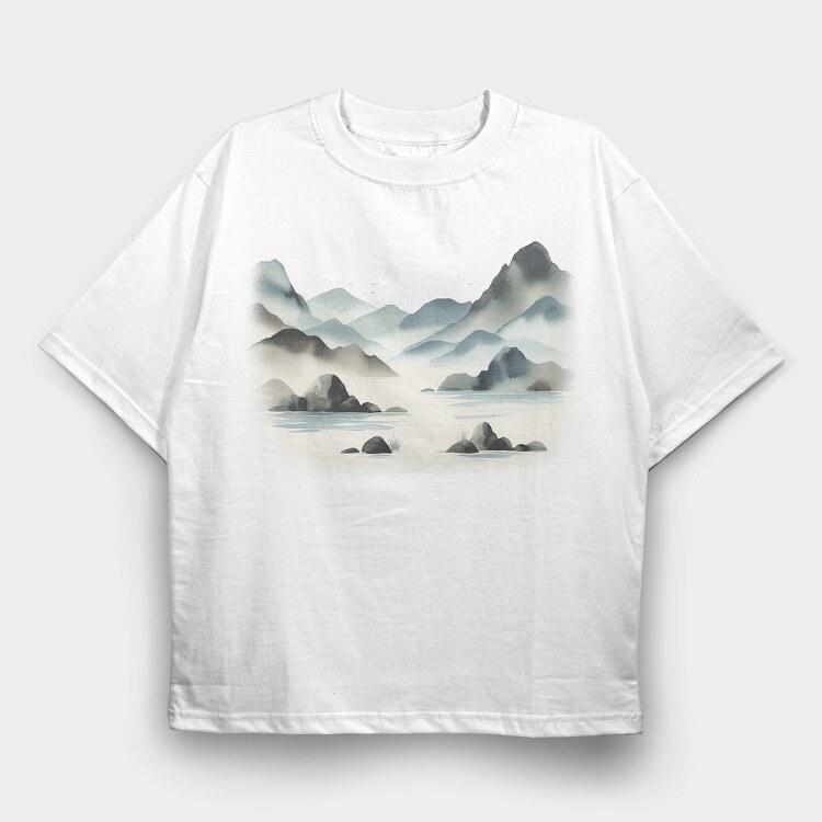 Mountain Lake Watercolor Skyland, Tricou Oversize Barbati (Unisex)