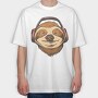 Sloth Animal With Earphones Headphones, Tricou Oversize Barbati (Unisex)