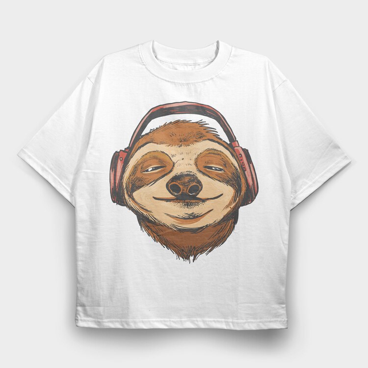 Sloth Animal With Earphones Headphones, Tricou Oversize Barbati (Unisex)