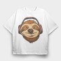Sloth Animal With Earphones Headphones, Tricou Oversize Barbati (Unisex)