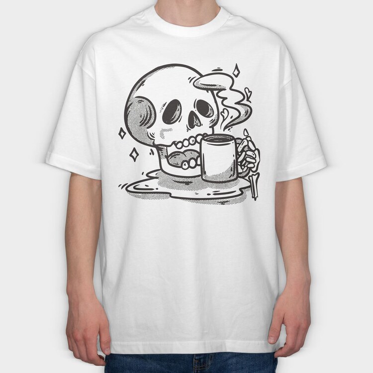 Skull Drinking Coffee Skeleton, Tricou Oversize Barbati (Unisex)