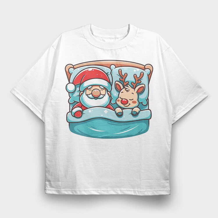 Sleepy Santa And Reindeer, Tricou Oversize Barbati (Unisex)