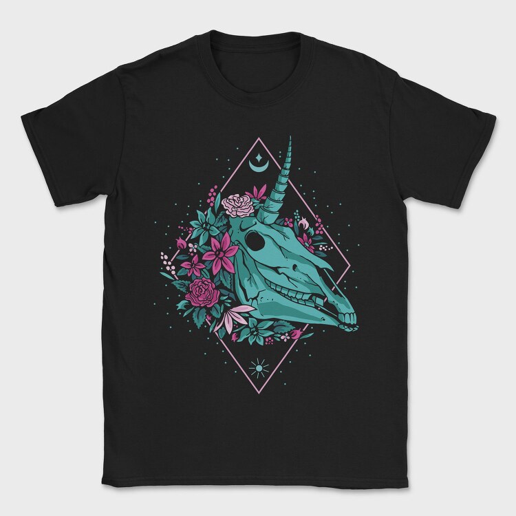 Skull Unicorn Head With Flowers, Tricou Barbati (Unisex)