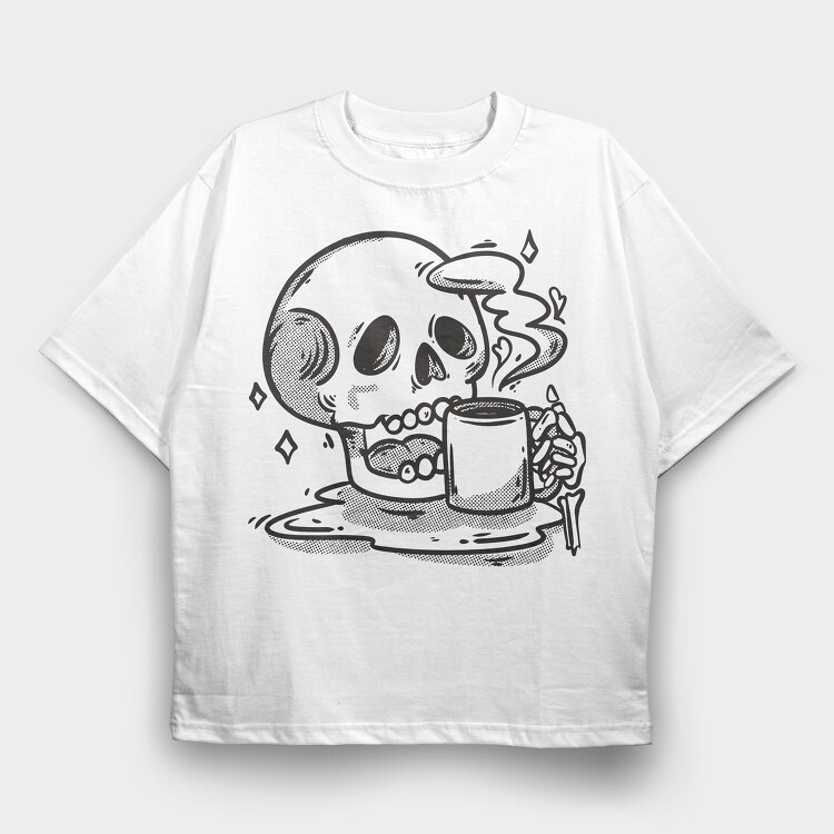 Skull Drinking Coffee Skeleton, Tricou Oversize Barbati (Unisex)