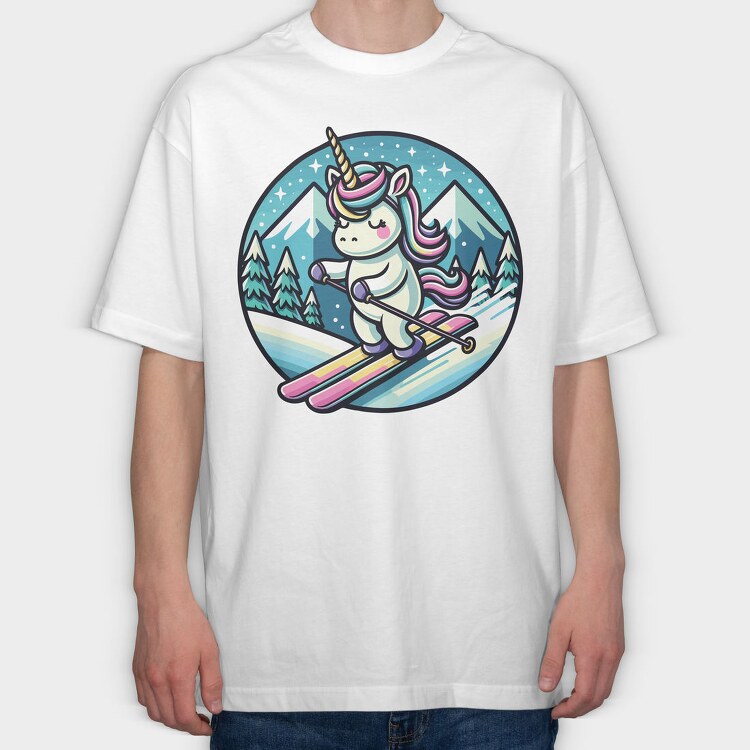 Skiing Unicorn Winter Scene Sky, Tricou Oversize Barbati (Unisex)