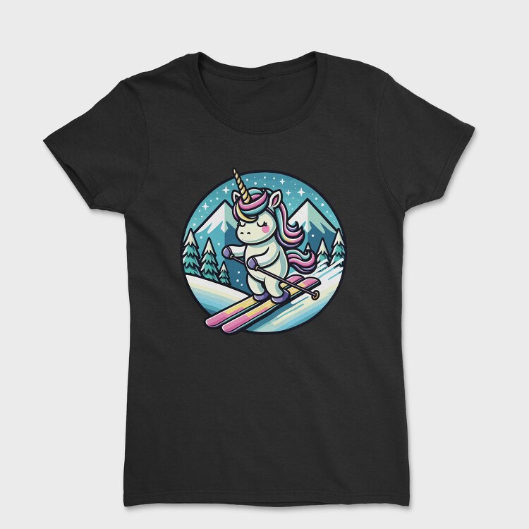 Skiing Unicorn Winter Scene Sky, Tricou Femei