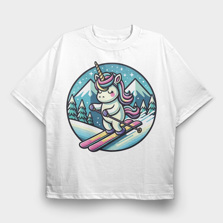 Skiing Unicorn Winter Scene Sky, Tricou Oversize Barbati (Unisex)
