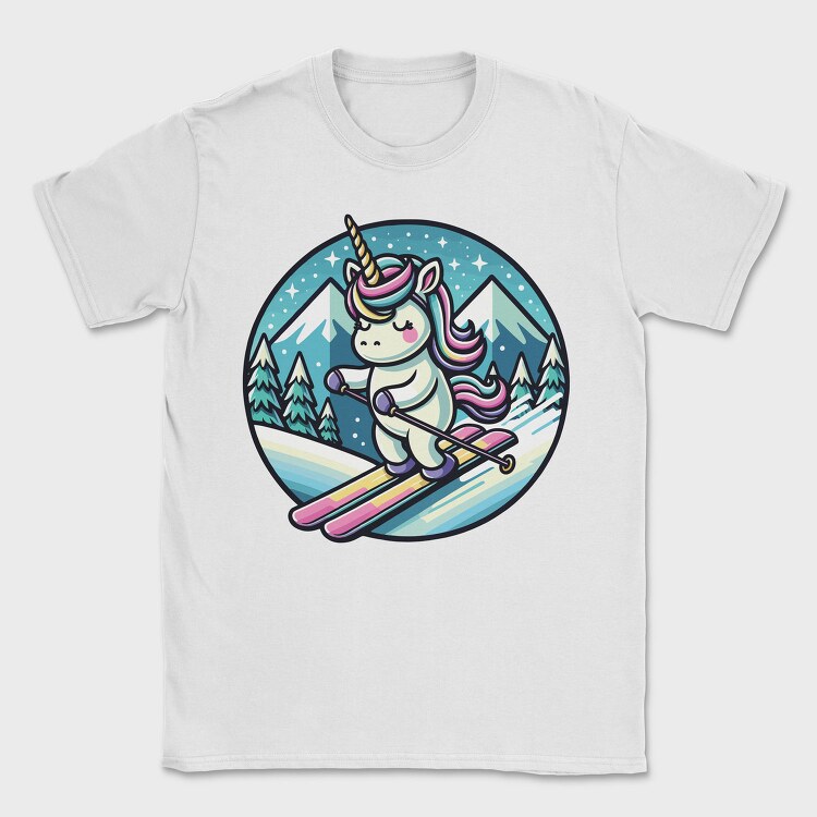 Skiing Unicorn Winter Scene Sky, Tricou Barbati (Unisex)