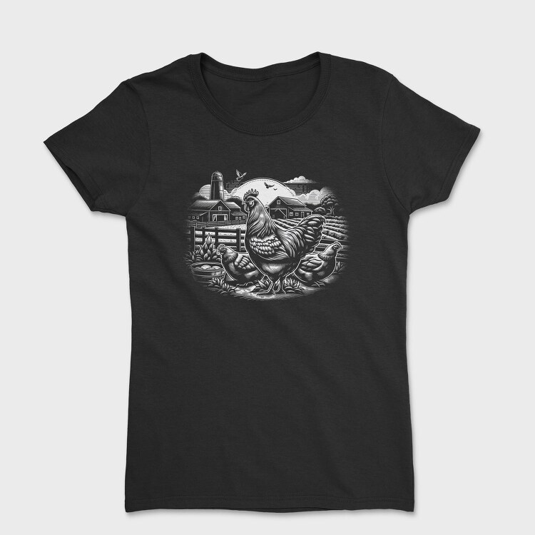 Monochrome Farm Chicken Illustration, Tricou Femei