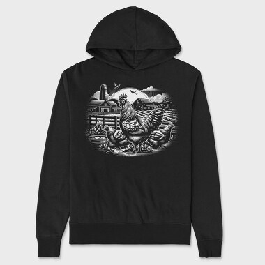 Monochrome Farm Chicken Illustration, Hanorac Oversize Barbati (Unisex)