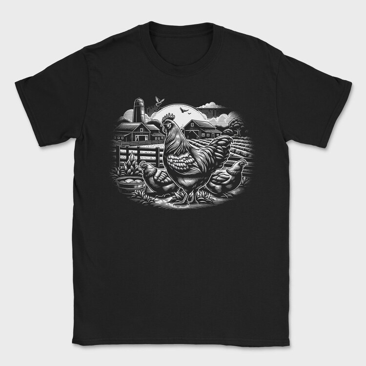Monochrome Farm Chicken Illustration, Tricou Barbati (Unisex)