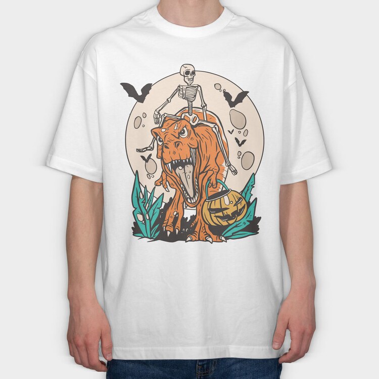 Skeleton Riding T Rex With Pumpkin, Tricou Oversize Barbati (Unisex)