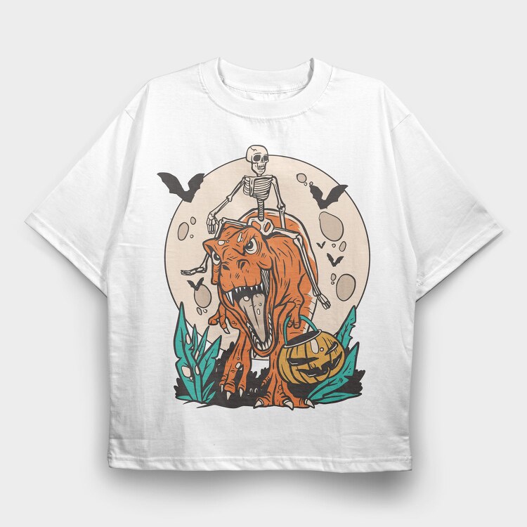 Skeleton Riding T Rex With Pumpkin, Tricou Oversize Barbati (Unisex)
