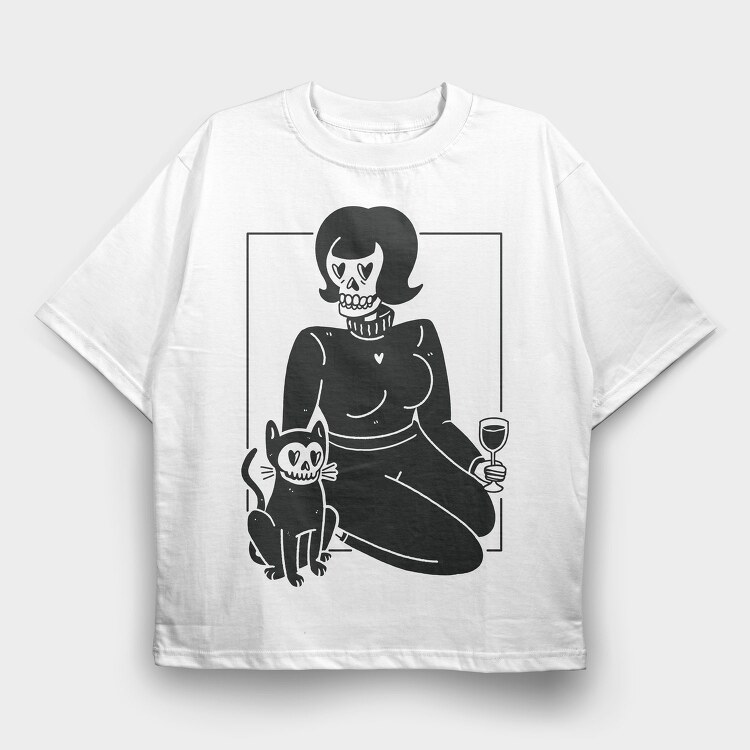Skeleton Girl And Cat, Tricou Oversize Barbati (Unisex)