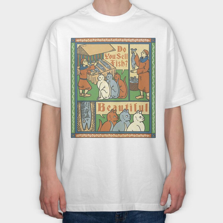 Medieval Cat Animal Painting Asking For Fish, Tricou Oversize Barbati (Unisex)