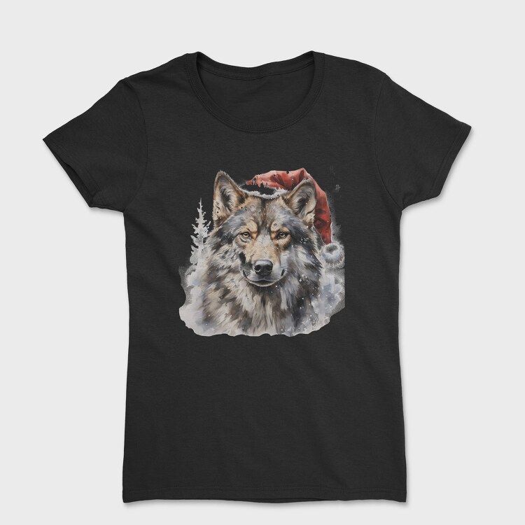 Wolf In Santa Hat Christmas Tote, Tricou Femei
