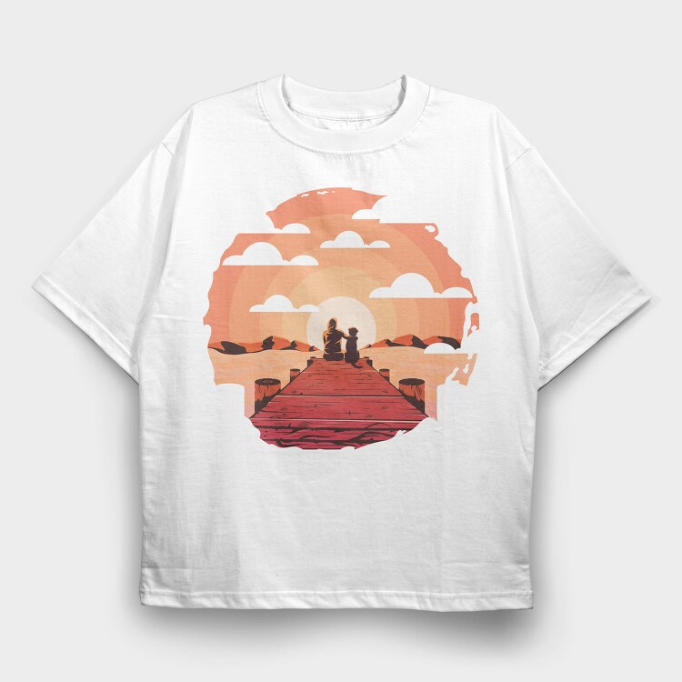 Woman And Dog Pier Footbridge, Tricou Oversize Barbati (Unisex)