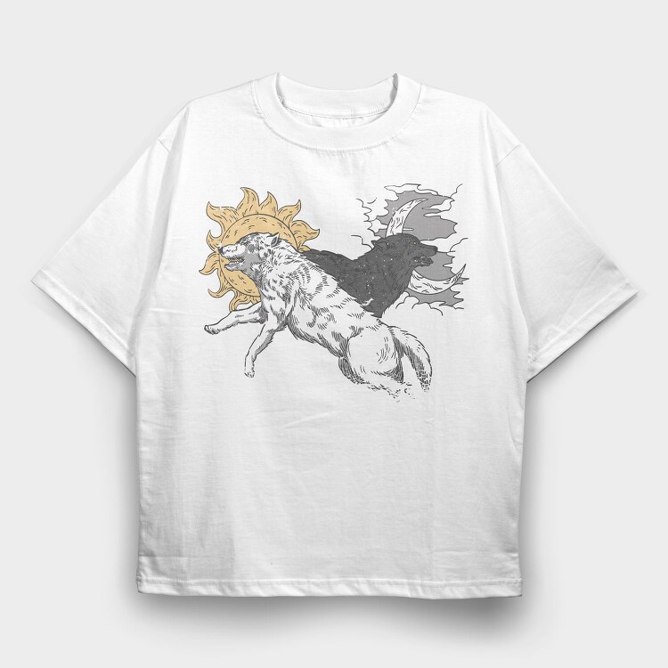 Wolves With Moon And Sun Run, Tricou Oversize Barbati (Unisex)
