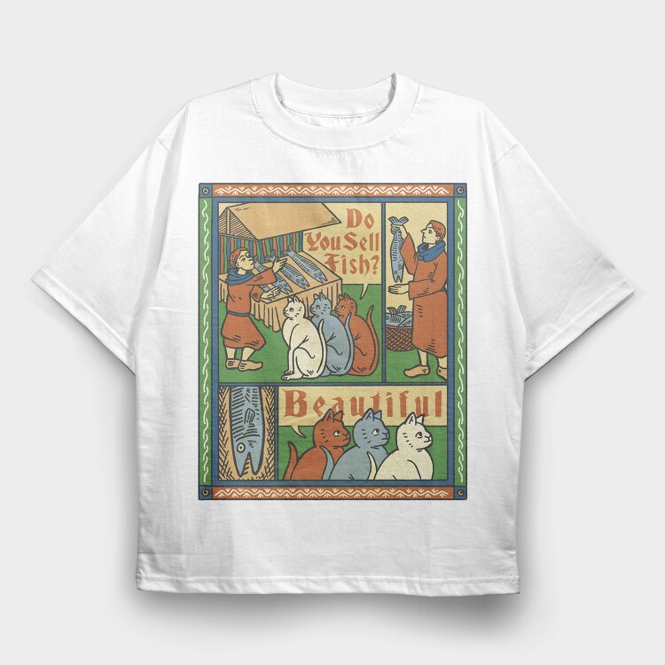 Medieval Cat Animal Painting Asking For Fish, Tricou Oversize Barbati (Unisex)