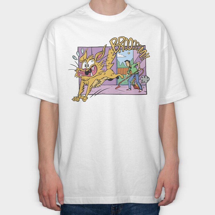 Scared Cat Funny Vacuuming, Tricou Oversize Barbati (Unisex)