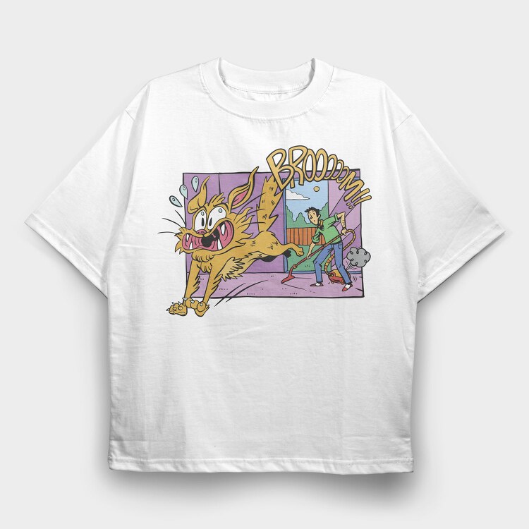 Scared Cat Funny Vacuuming, Tricou Oversize Barbati (Unisex)