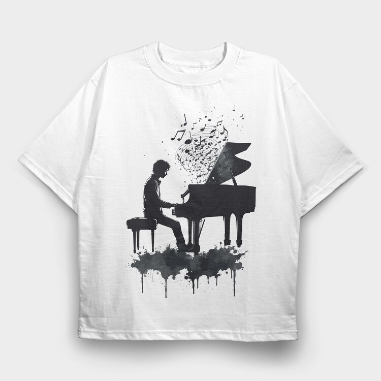 Piano Man Silhouette Grunge, Tricou Oversize Barbati (Unisex)