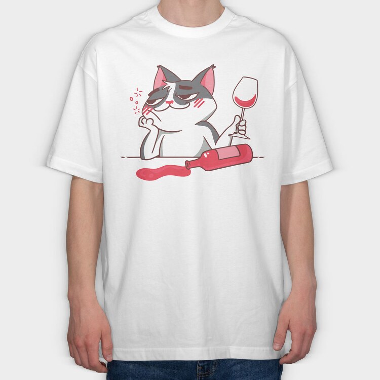Wine Cat Drunk, Tricou Oversize Barbati (Unisex)