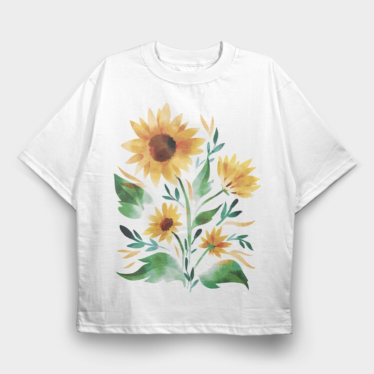 Sunflower Watercolor Flowers Leaves Tote, Tricou Oversize Barbati (Unisex)